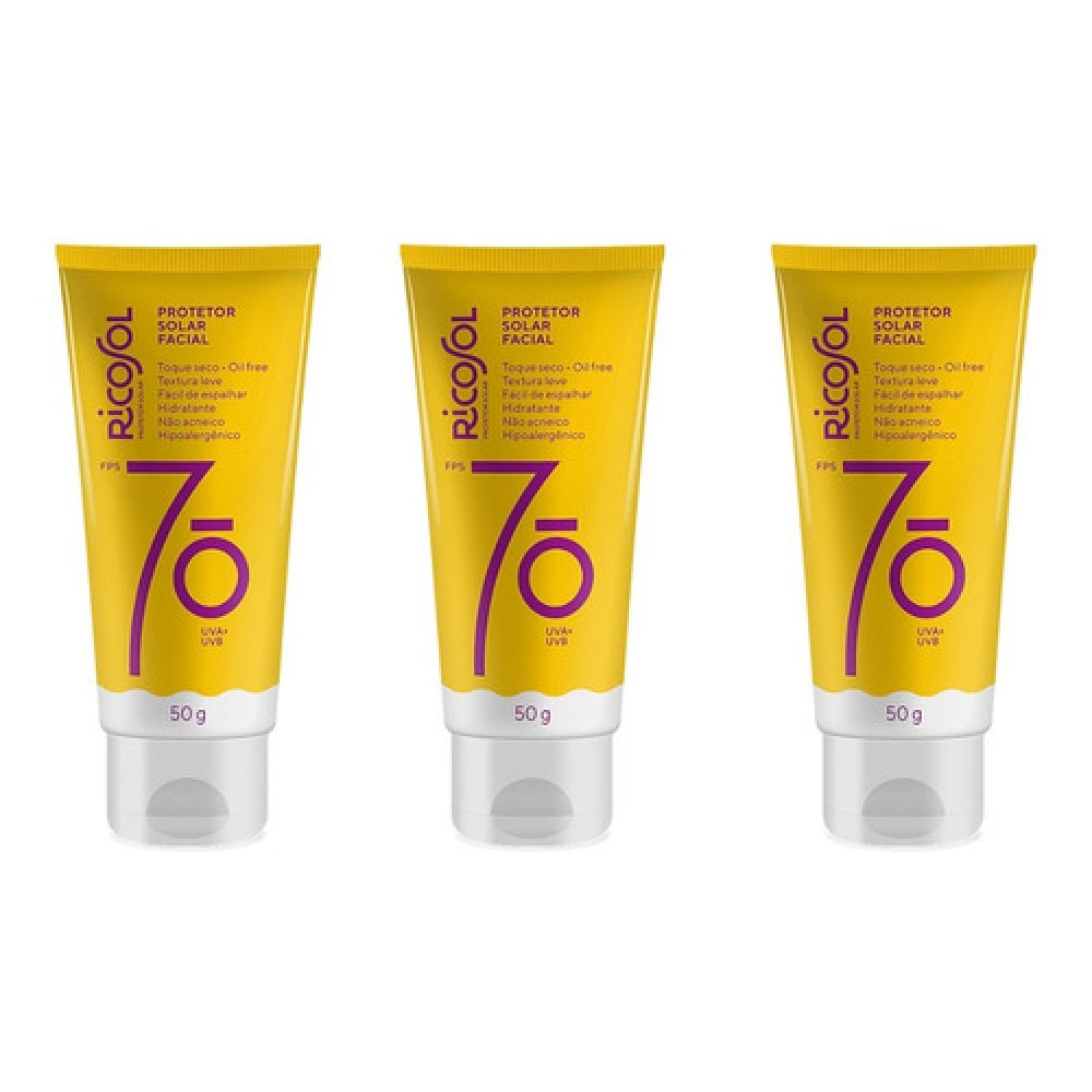 Protetor Solar Facial Toque Seco Ricosol Fps70 50g Kit 3 Unidades